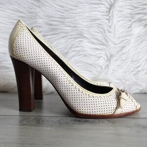 Fendi White and Cream Patent Leather Peep-Toe Heels